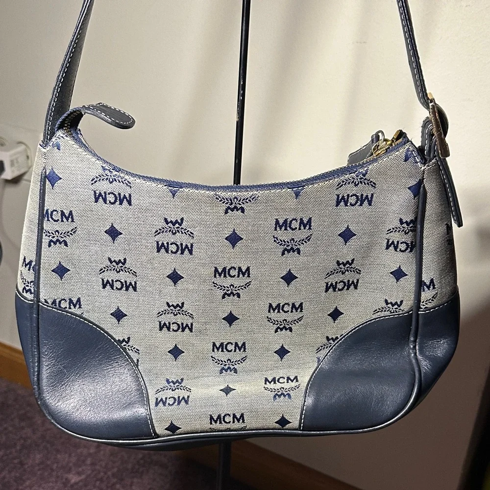 MCM Navy and Gray Monogram Shoulder Bag Leather & Denim w Dust Bag - Picture 4 of 8